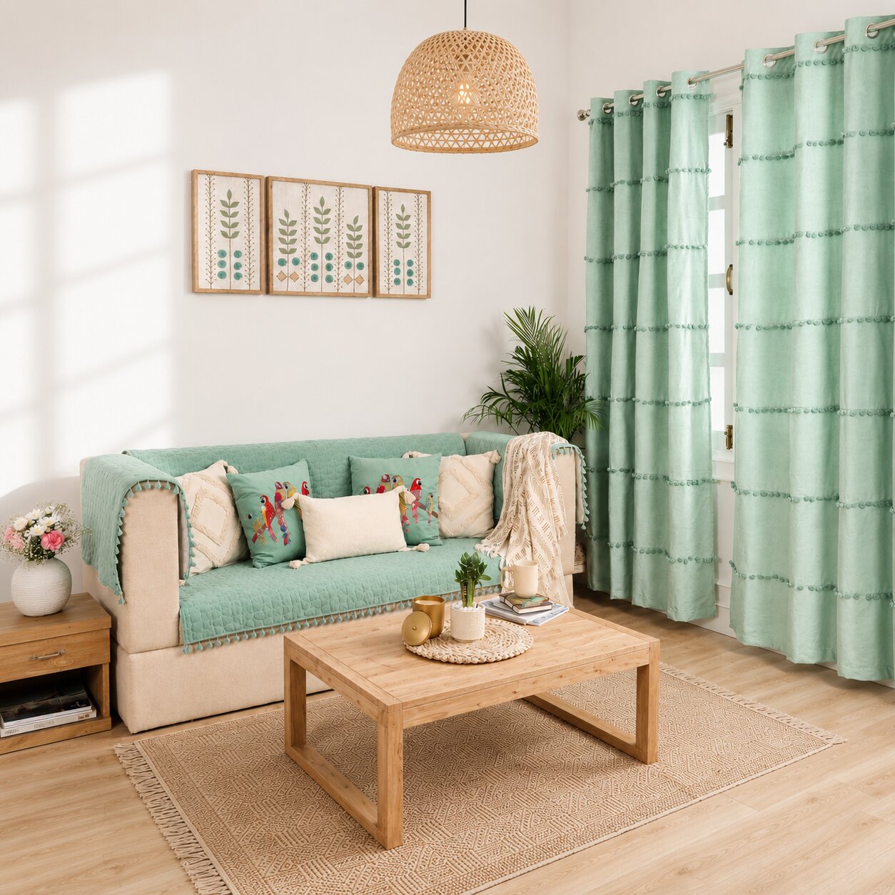 Mint Green Quilted Sofa Cover | Tassel Sofa Protector | Cotton Sofa Throw