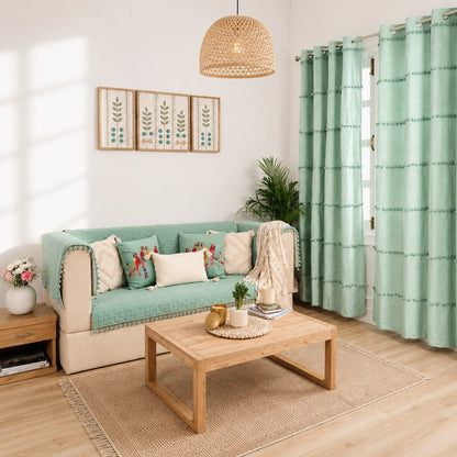 Mint Green Quilted Sofa Cover | Tassel Sofa Protector | Cotton Sofa Throw