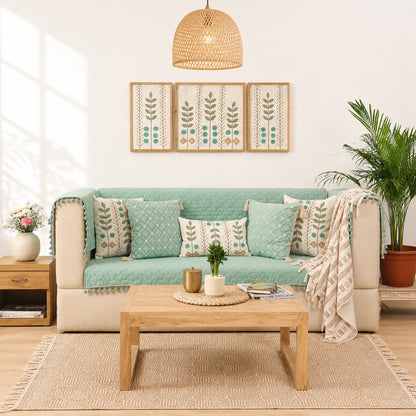 Mint Green Quilted Sofa Cover | Tassel Sofa Protector | Cotton Sofa Throw