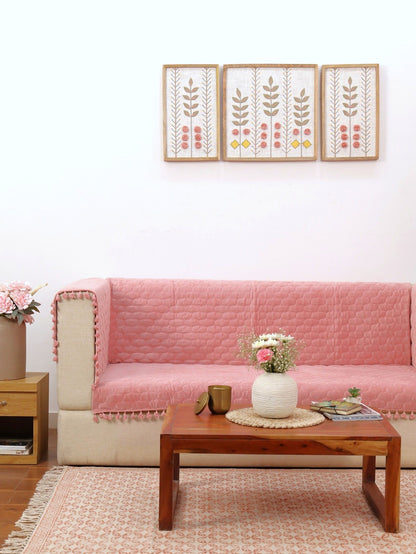 Quilted Sofa Cover | Blush Pink Velvet  Sofa Throw with Tassel Edges