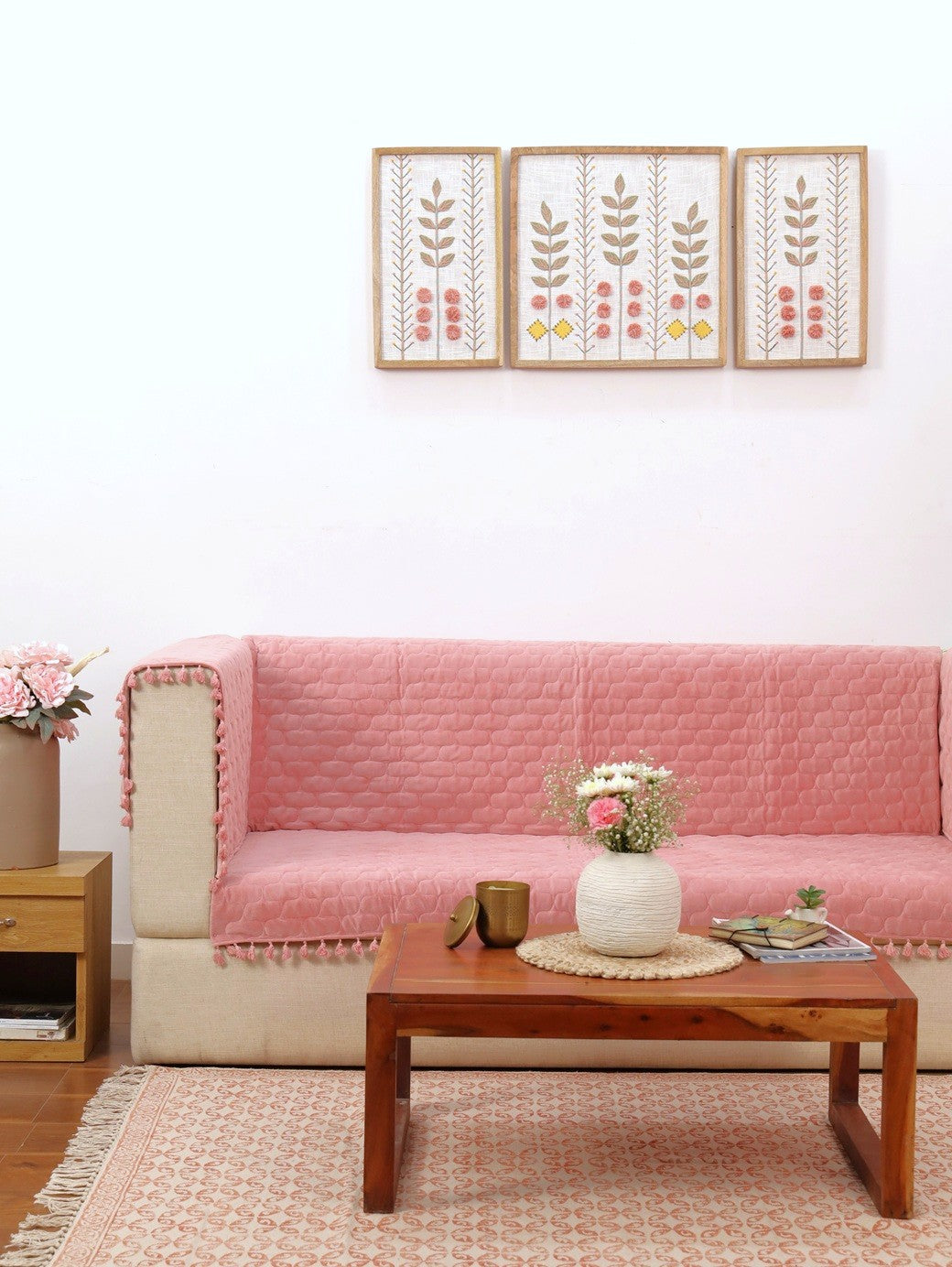 Quilted Sofa Cover | Blush Pink Cotton Sofa Throw with Tassel Edges