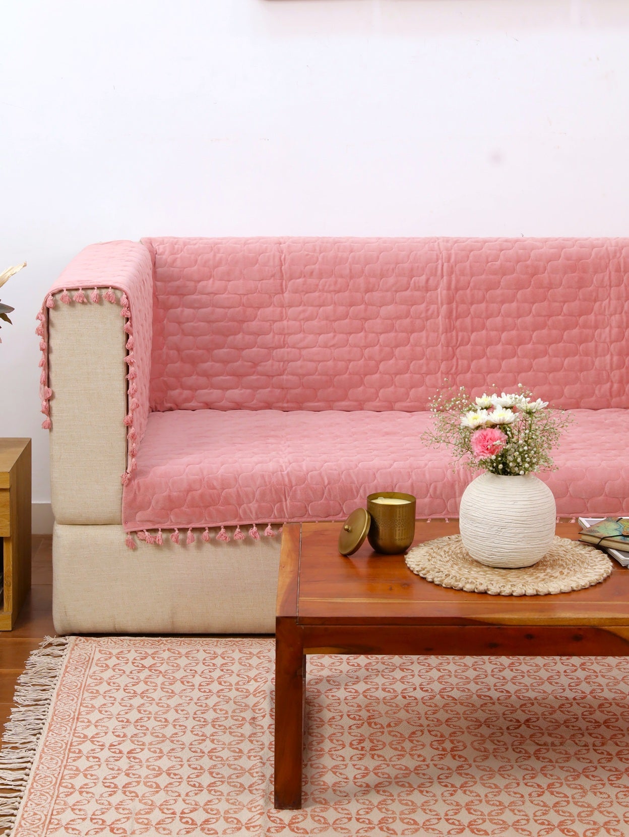 Quilted Sofa Cover | Blush Pink Cotton Sofa Throw with Tassel Edges