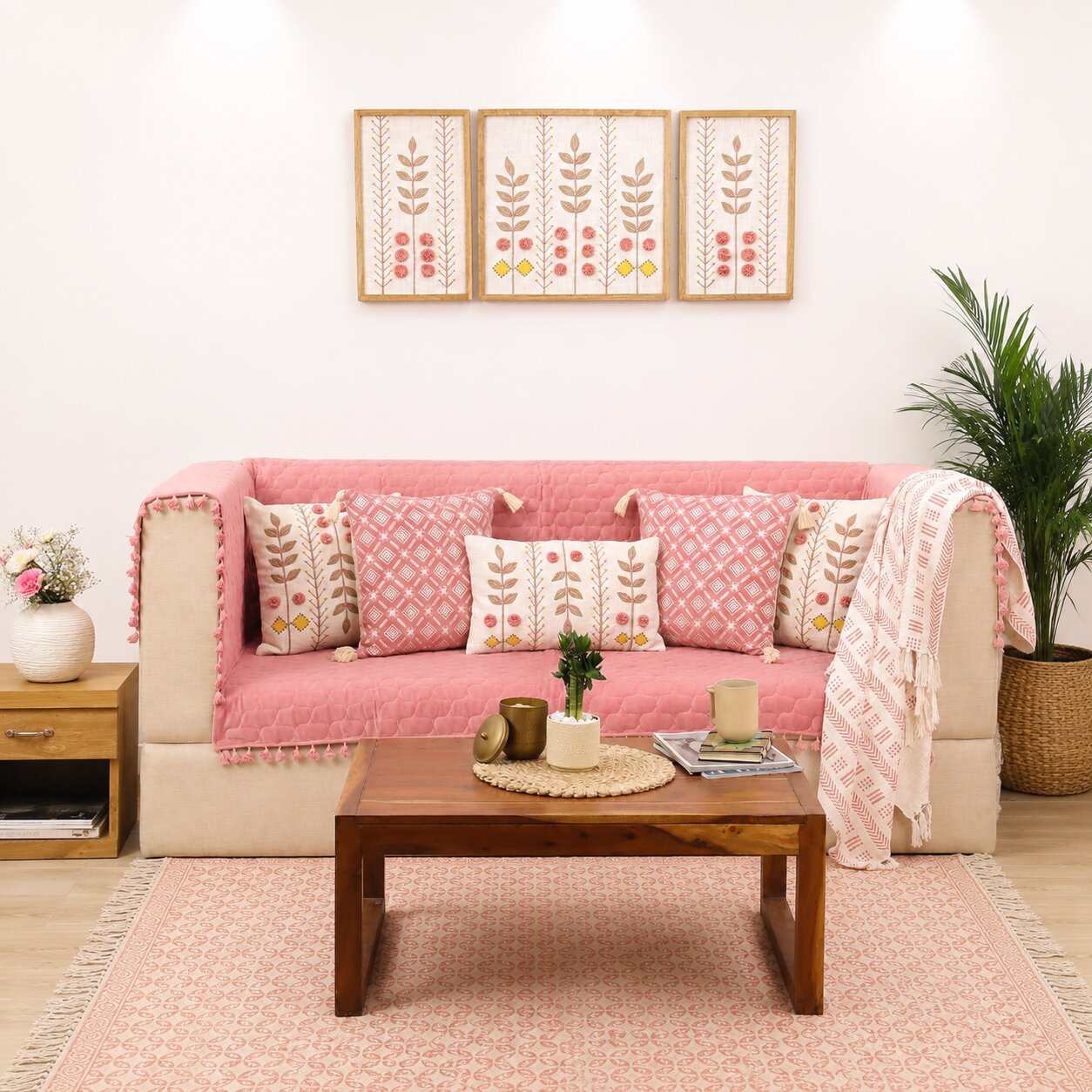 Quilted Sofa Cover | Blush Pink Velvet  Sofa Throw with Tassel Edges