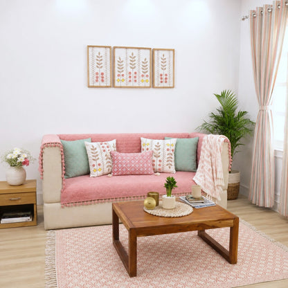 Quilted Sofa Cover | Blush Pink Velvet  Sofa Throw with Tassel Edges