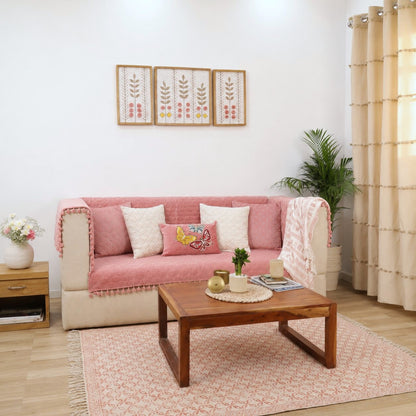 Quilted Sofa Cover | Blush Pink Velvet  Sofa Throw with Tassel Edges