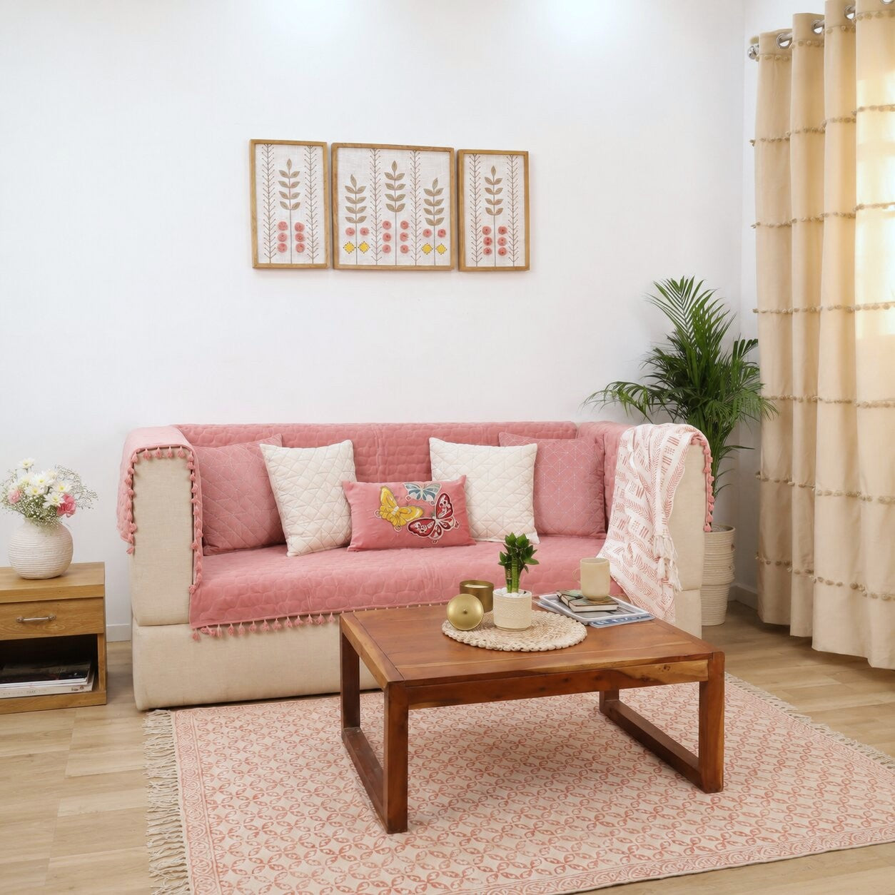 Quilted Sofa Cover | Blush Pink Cotton Sofa Throw with Tassel Edges