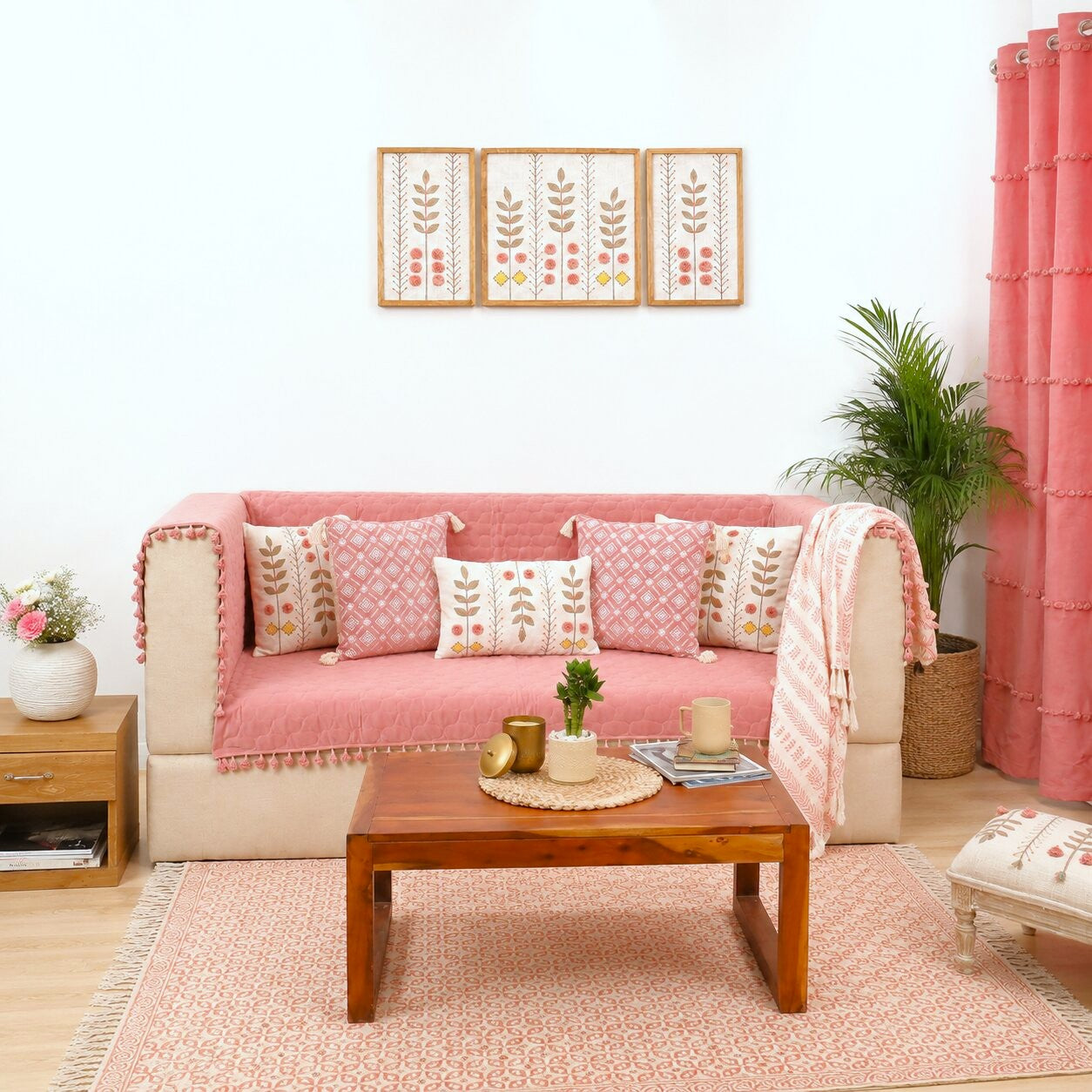 Quilted Sofa Cover | Blush Pink Velvet  Sofa Throw with Tassel Edges