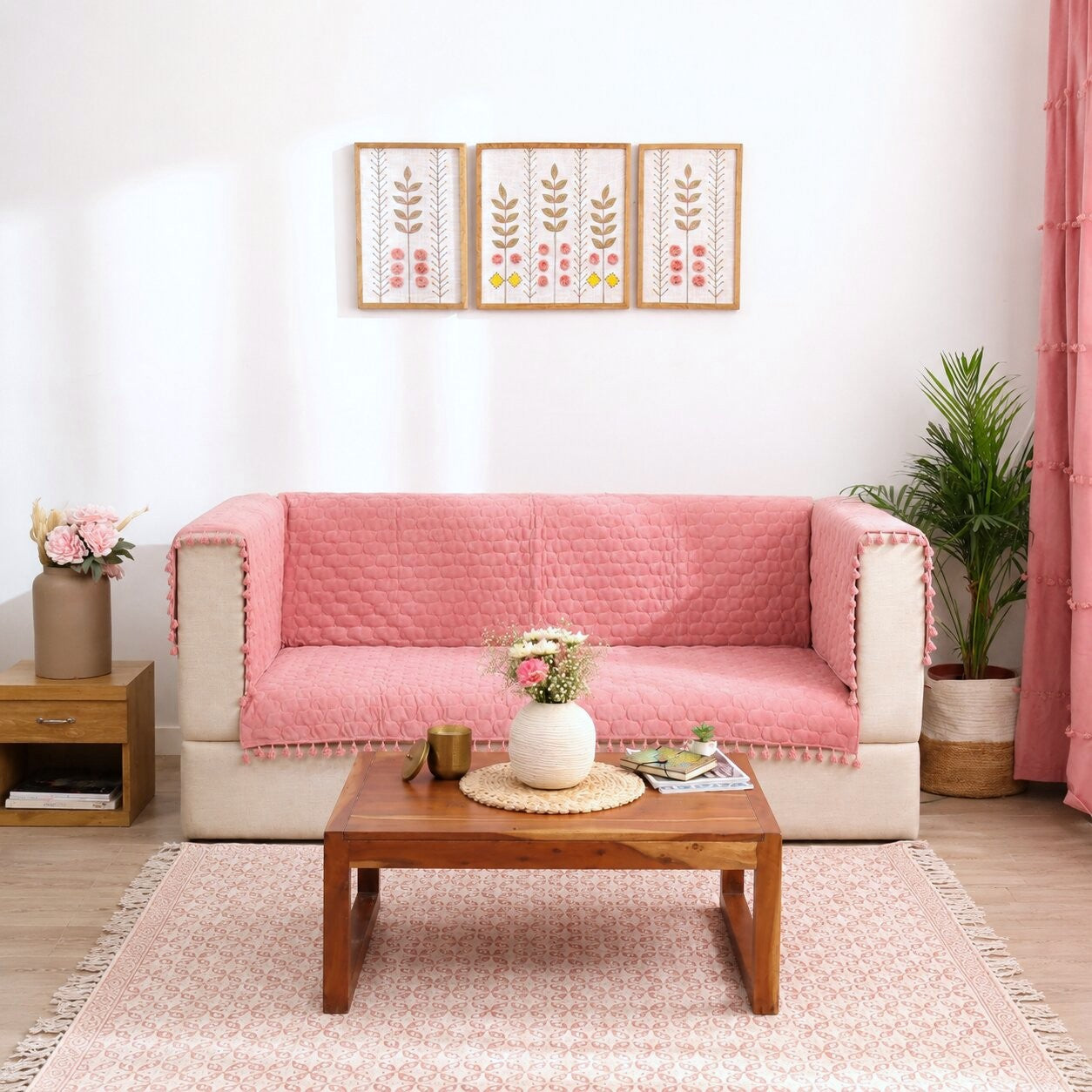 Quilted Sofa Cover | Blush Pink Cotton Sofa Throw with Tassel Edges