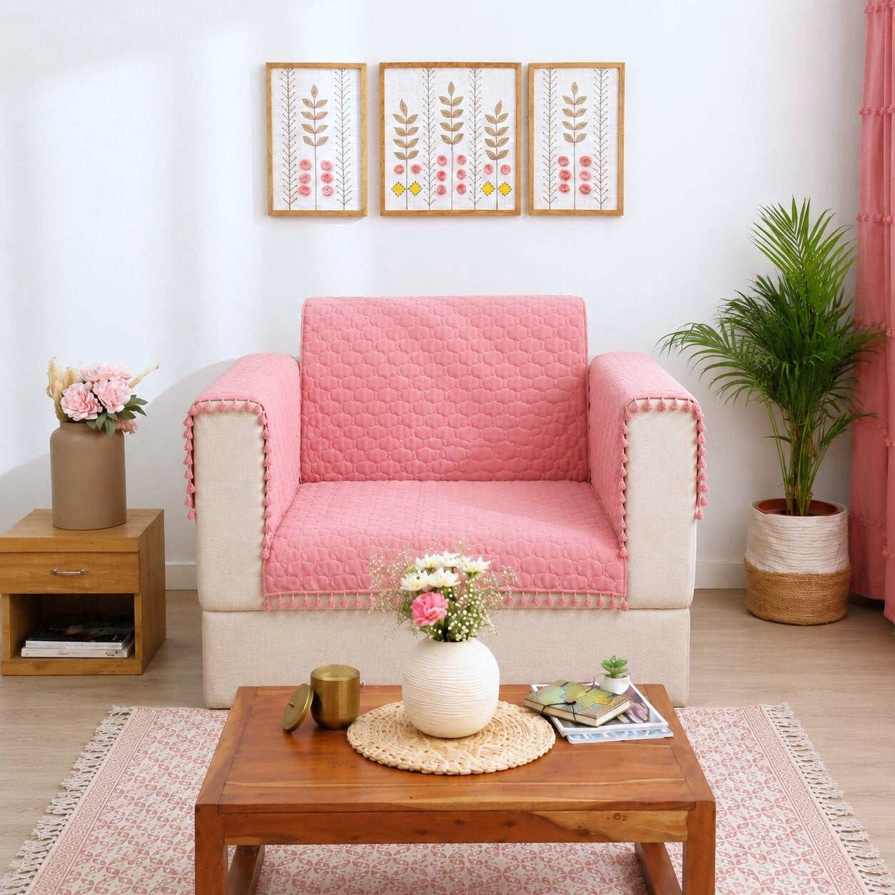 Quilted Sofa Cover | Blush Pink Cotton Sofa Throw with Tassel Edges