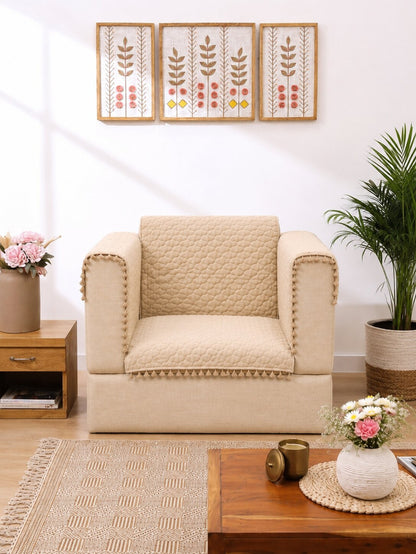 Quilted  Sofa Cover | Beige Velvet Sofa Protector with Pom Pom Trim | Living Room Slipcover