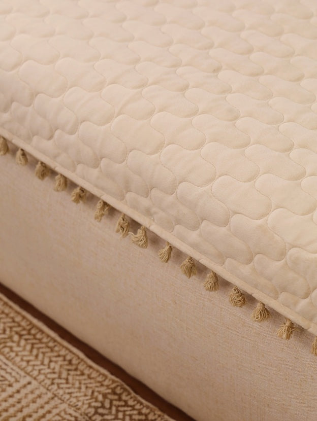 Quilted 3Seater Sofa Cover | Beige Velvet Sofa Protector with Pom Pom Trim | Living Room Slipcover