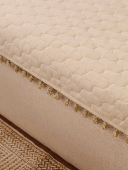 Quilted 3Seater Sofa Cover | Beige Velvet Sofa Protector with Pom Pom Trim | Living Room Slipcover