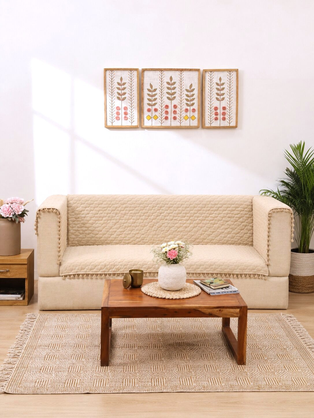 Quilted 3Seater Sofa Cover | Beige Velvet Sofa Protector with Pom Pom Trim | Living Room Slipcover