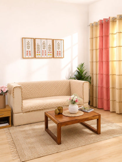 Quilted 3Seater Sofa Cover | Beige Velvet Sofa Protector with Pom Pom Trim | Living Room Slipcover
