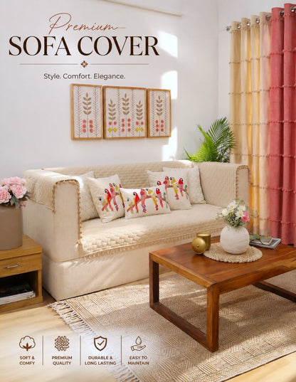 Quilted 3Seater Sofa Cover | Beige Velvet Sofa Protector with Pom Pom Trim | Living Room Slipcover