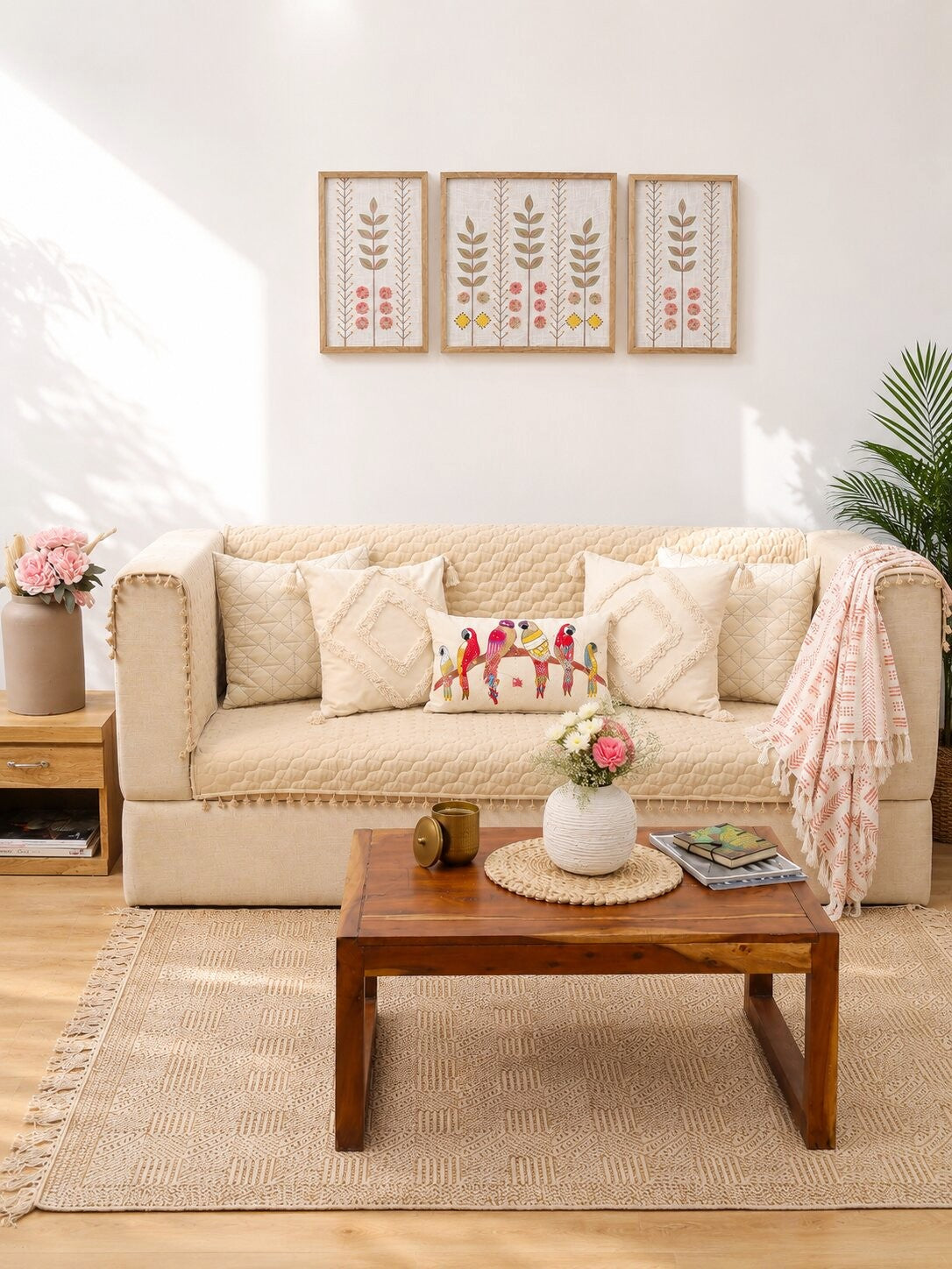 Quilted 3Seater Sofa Cover | Beige Velvet Sofa Protector with Pom Pom Trim | Living Room Slipcover