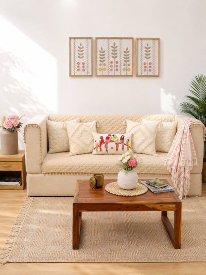 Quilted 3Seater Sofa Cover | Beige Velvet Sofa Protector with Pom Pom Trim | Living Room Slipcover