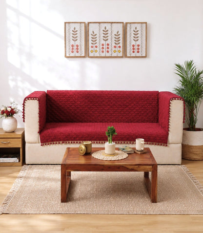 Mehroon Quilted 1S Sofa Cover with Pom-Pom Trim | Protective Couch Cover | Premium Cotton-Feel Sofa Throw