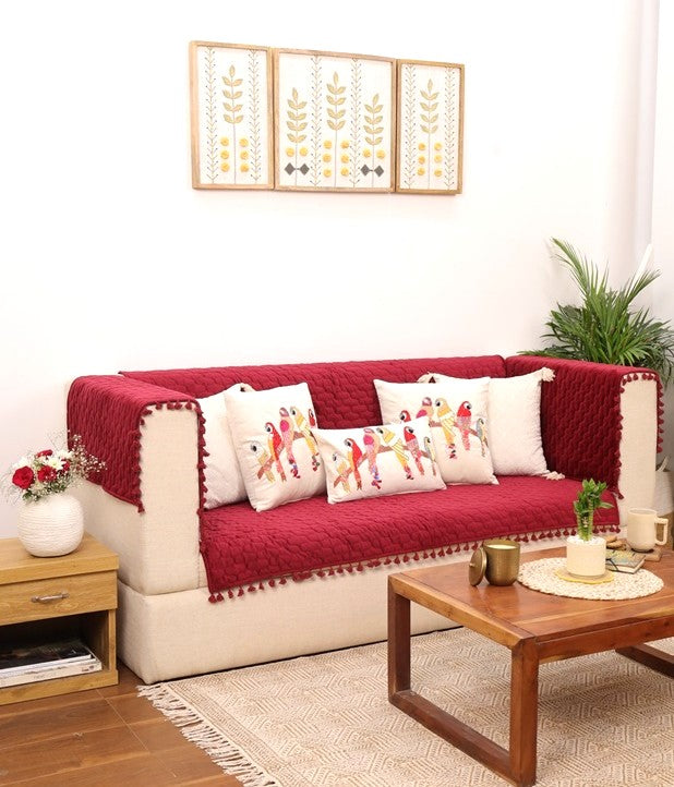 Mehroon Quilted 1S Sofa Cover with Pom-Pom Trim | Protective Couch Cover | Premium Cotton-Feel Sofa Throw