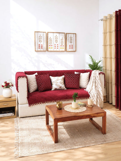 Mehroon Quilted 1S Sofa Cover with Pom-Pom Trim | Protective Couch Cover | Premium Cotton-Feel Sofa Throw