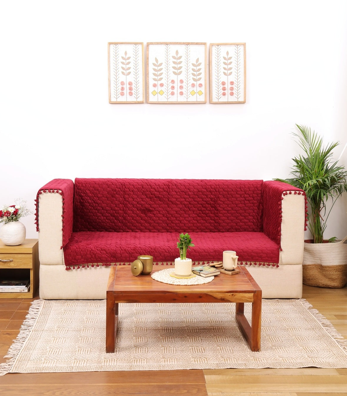 Mehroon Quilted Sofa Cover with Pom-Pom Trim | Protective Couch Cover | Premium Cotton-Feel Sofa Throw