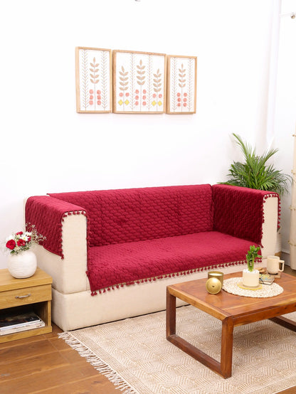 Mehroon Quilted 1S Sofa Cover with Pom-Pom Trim | Protective Couch Cover | Premium Cotton-Feel Sofa Throw