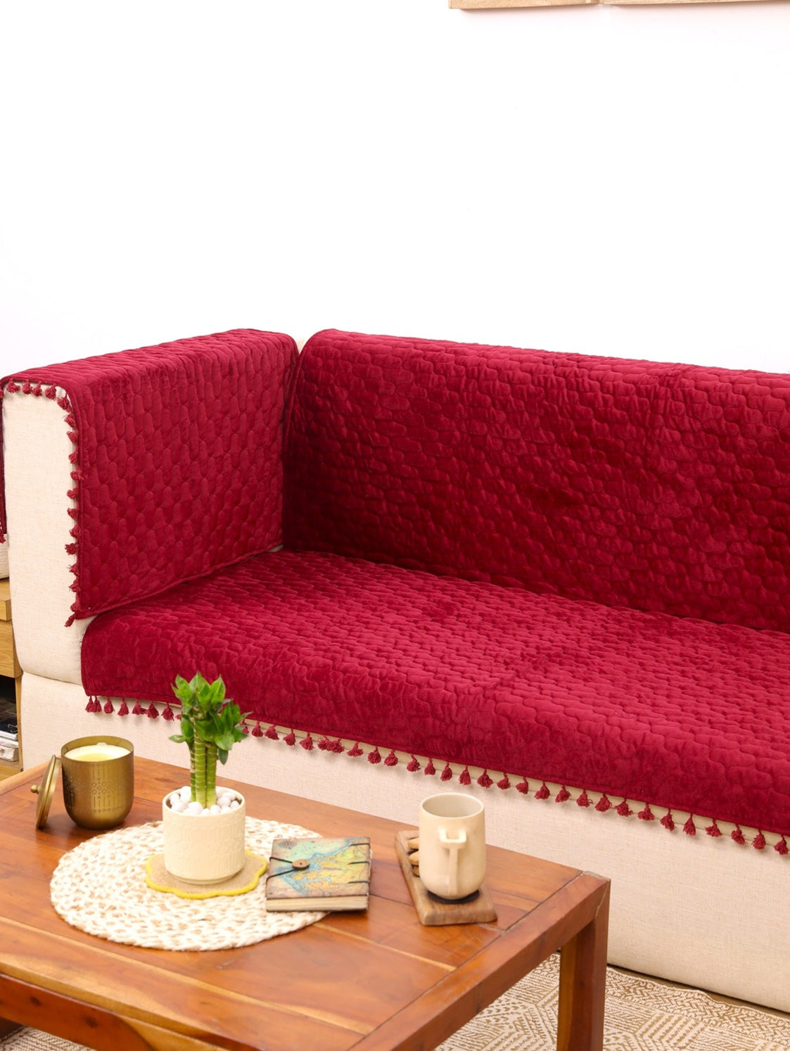 Mehroon Quilted 1S Sofa Cover with Pom-Pom Trim | Protective Couch Cover | Premium Cotton-Feel Sofa Throw
