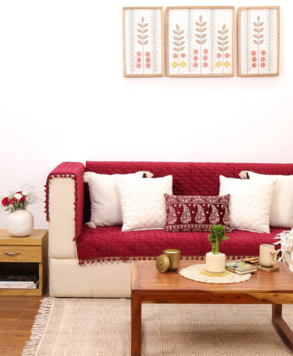 Mehroon Quilted 1S Sofa Cover with Pom-Pom Trim | Protective Couch Cover | Premium Cotton-Feel Sofa Throw