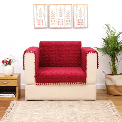 Mehroon Quilted 1S Sofa Cover with Pom-Pom Trim | Protective Couch Cover | Premium Cotton-Feel Sofa Throw