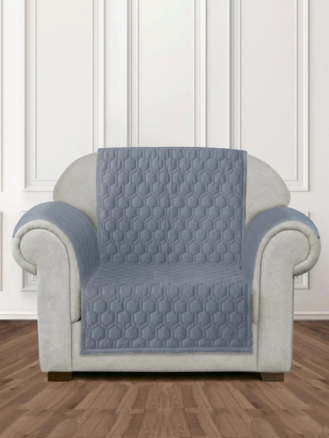 Light Grey Honey Comb Quilted Velvet 1 Seater Sofa Cover with 2 pcs Hand Rest