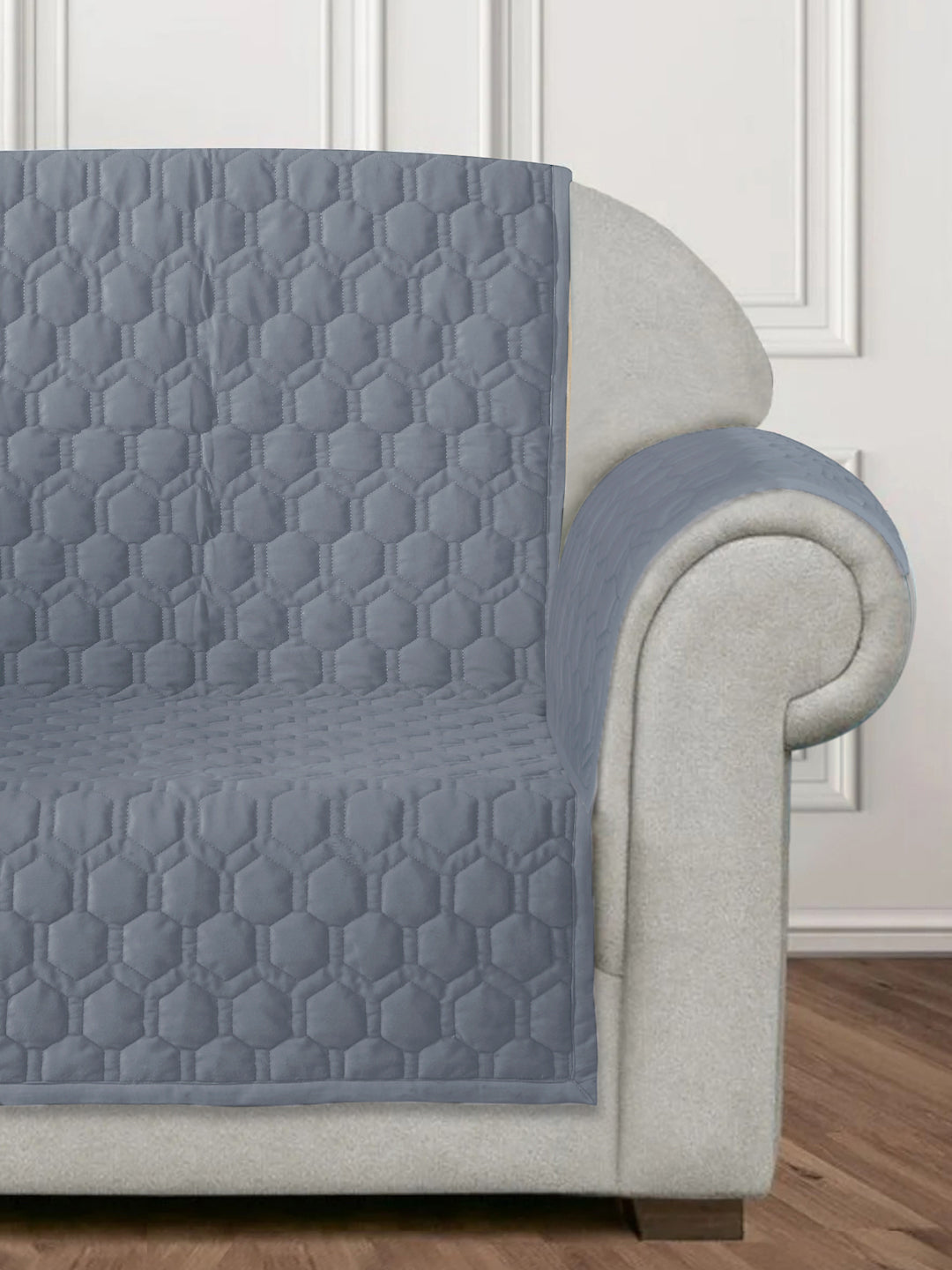 Light Grey Honey Comb Quilted Velvet 1 Seater Sofa Cover with 2 pcs Hand Rest