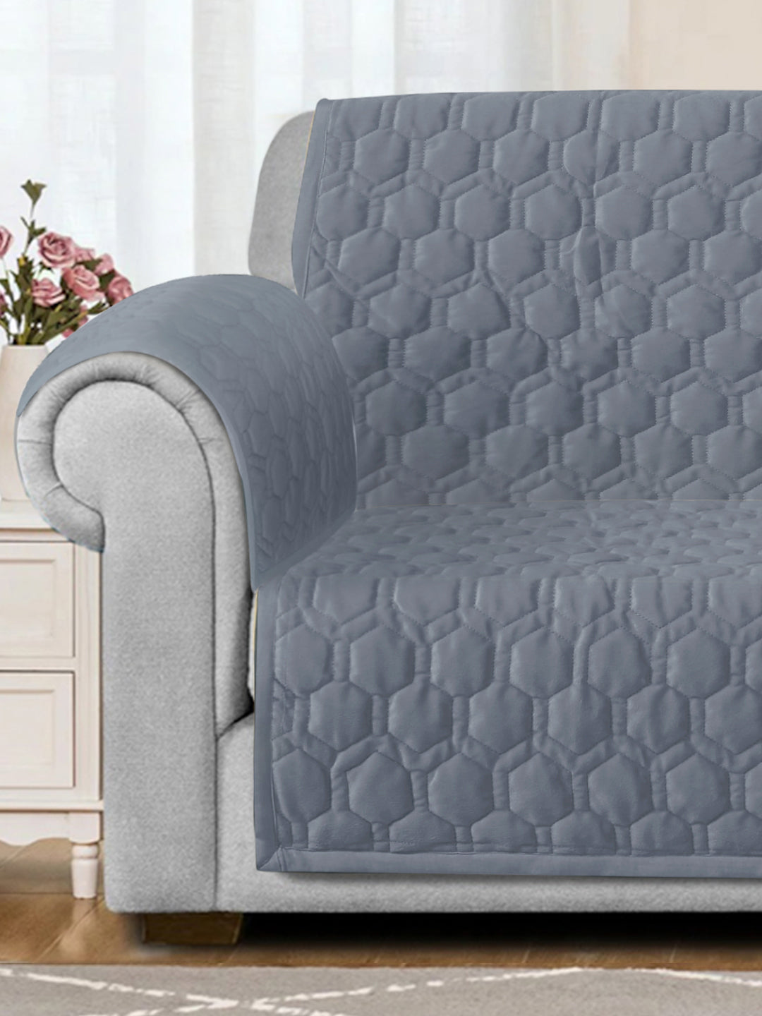 Light Grey Honey Comb Quilted Velvet 2 Seater Sofa Cover with 2 pcs Hand Rest