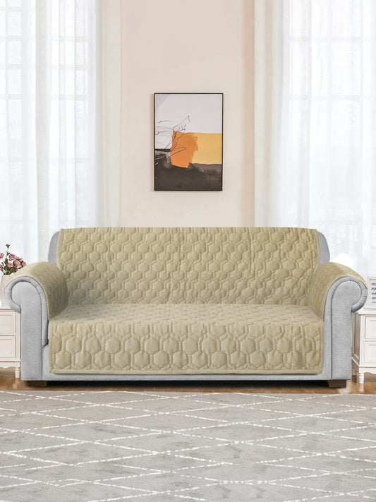 Beige Honey Comb Quilted Velvet 2 Seater Sofa Cover with 2 pcs Hand Rest