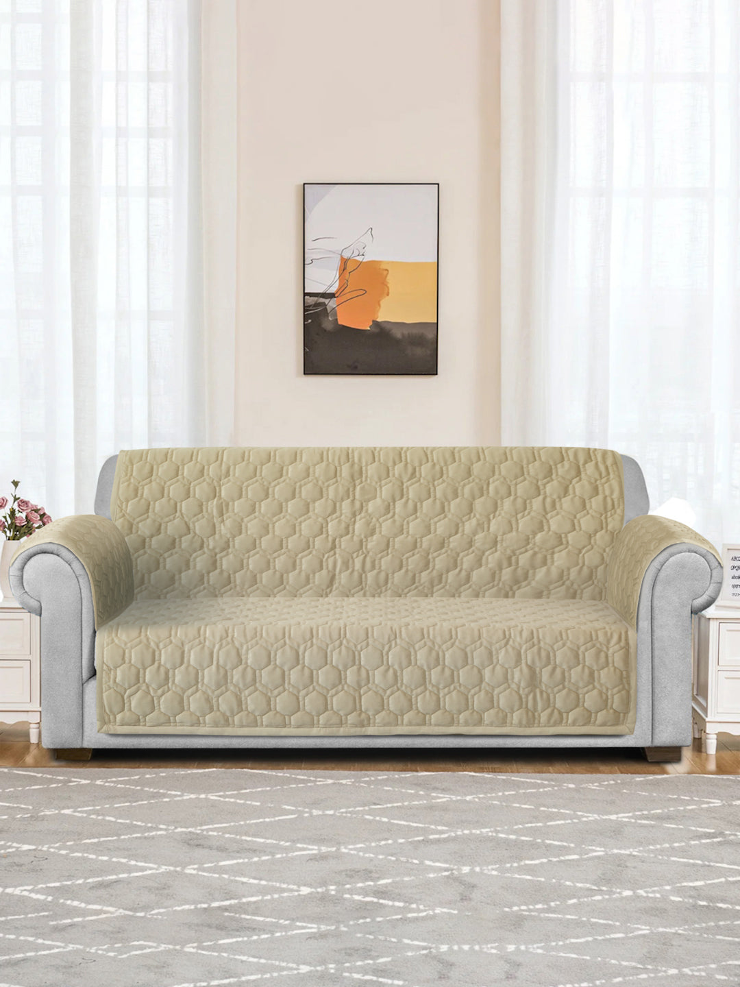 Beige Honey Comb Quilted Velvet 3 Seater Sofa Cover with 2 pcs Hand Rest