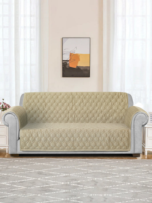 Beige Honey Comb Quilted Velvet 3 Seater Sofa Cover with 2 pcs Hand Rest