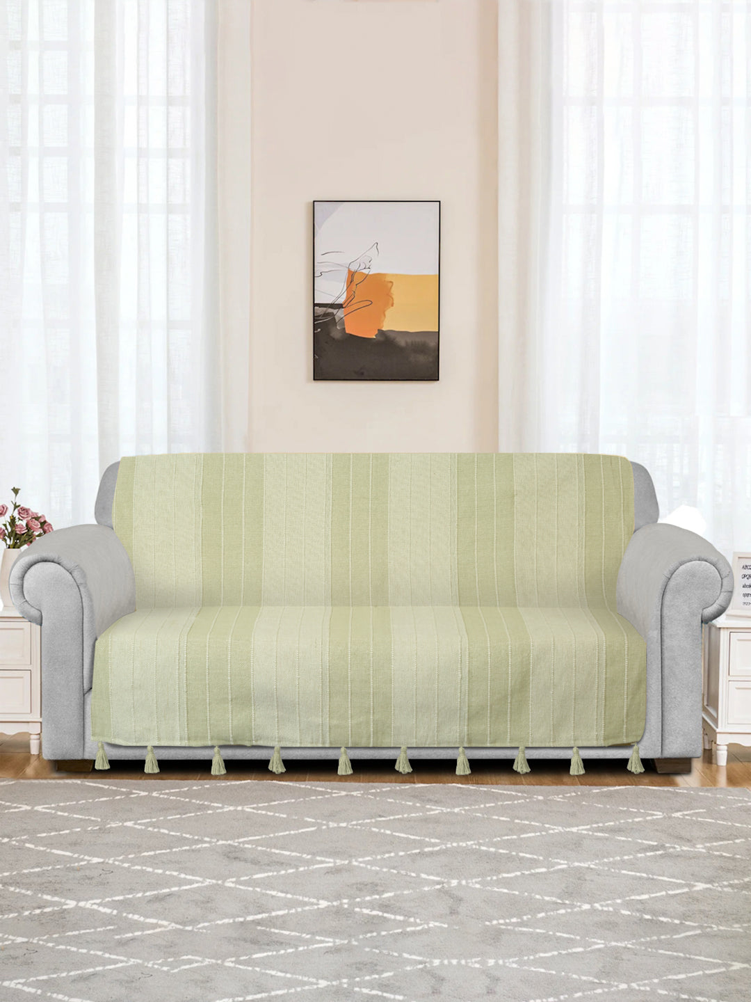 Sea Green Stripe Hand woven Cotton 3 Seater Sofa Cover