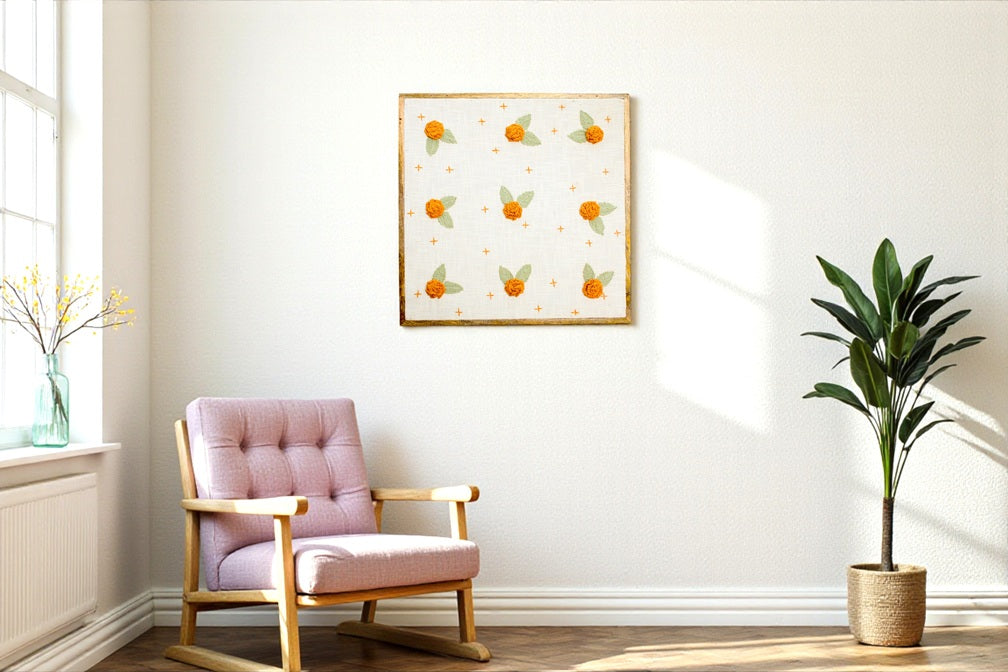 Handcrafted Floral Wall Art Decor | Embroidered Marigold Wall Hanging for Living Room & Bedroom