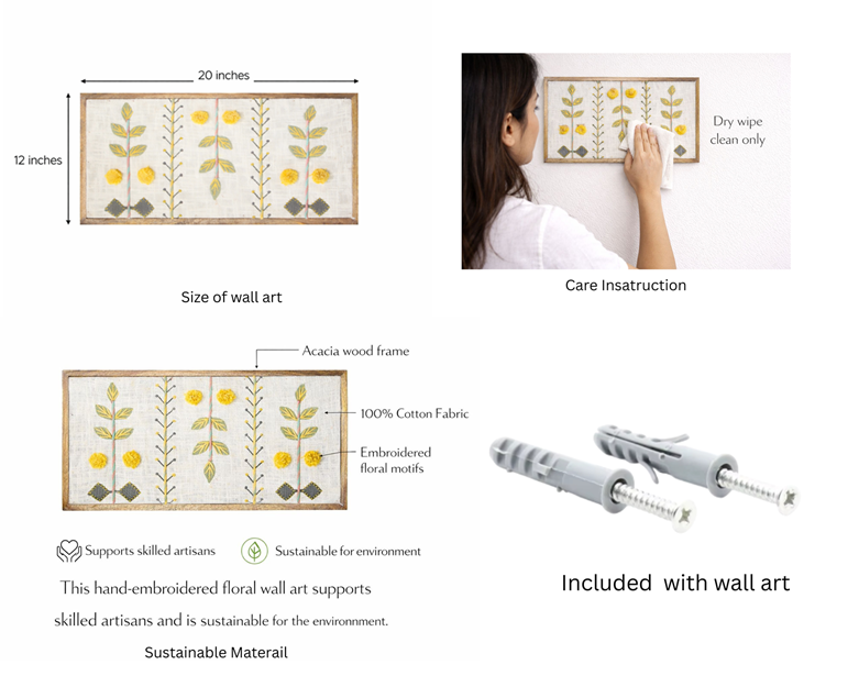 Handcrafted Embroidered Botanical Wall Art | Floral Textile Wall Hanging for Living Room & Bedroom