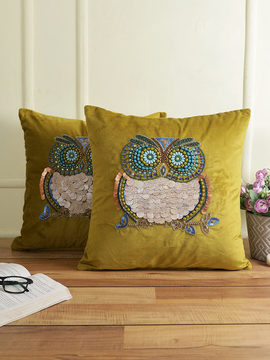 Eyda Set of 2 Velvet Green Emroidered Cushion Cover 18x18 inch