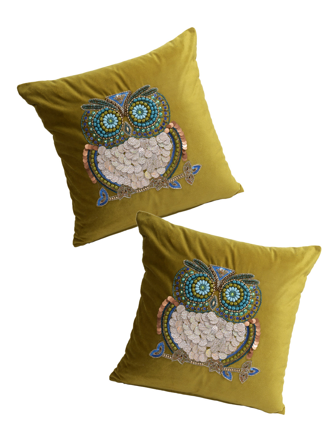 Eyda Set of 2 Velvet Green Emroidered Cushion Cover 18x18 inch