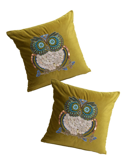Eyda Set of 2 Velvet Green Emroidered Cushion Cover 18x18 inch