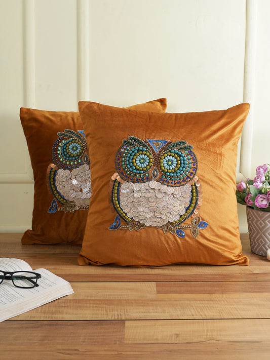 Eyda Set of 2 Velvet Rust Emroidered Cushion Cover 18x18 inch
