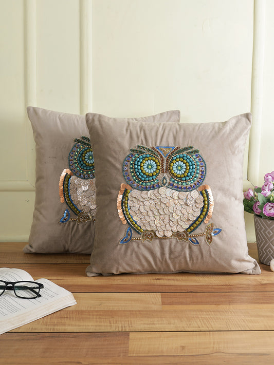Eyda Set of 2 Velvet Grey Emroidered Cushion Cover 18x18 inch