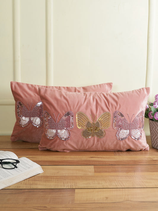 Eyda Set of 2 Velvet Pink Emroidered Cushion Cover 12x20 inch