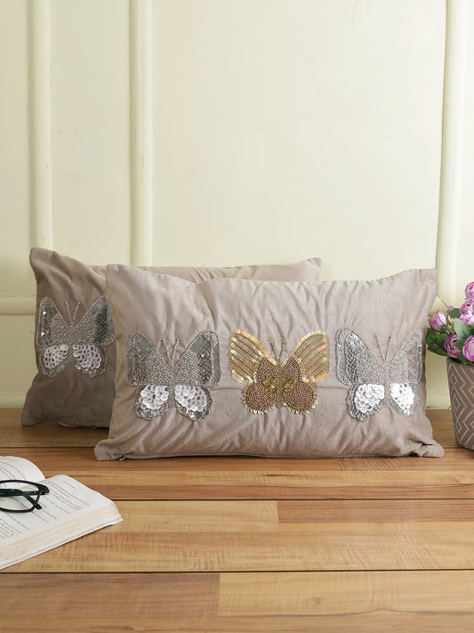 Eyda Set of 2 Velvet Grey Emroidered Cushion Cover 12x20 inch