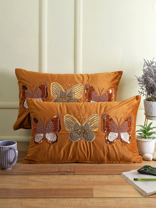 Eyda Set of 2 Velvet Rust Emroidered Cushion Cover 12x20 inch