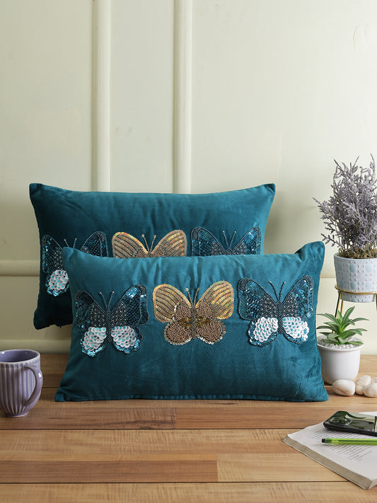 Eyda Set of 2 Velvet Blue Emroidered Cushion Cover 12x20 inch