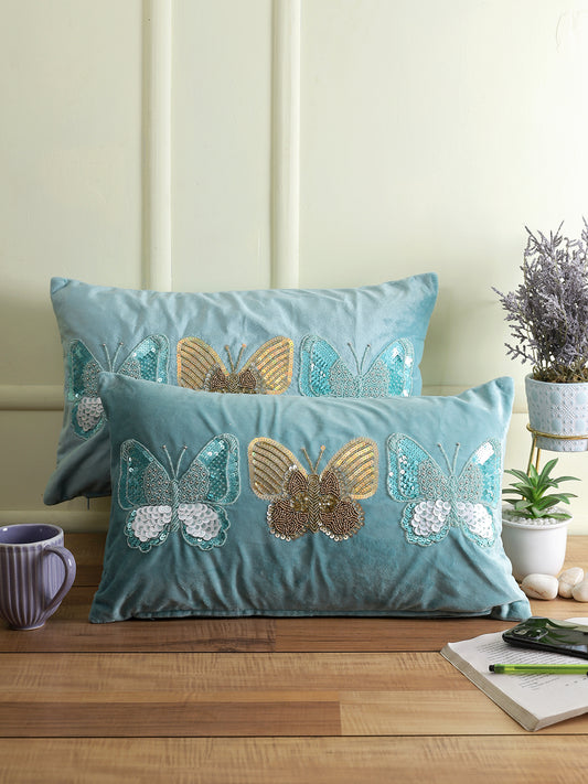 Eyda Set of 2 Velvet Turquoise Emroidered Cushion Cover 12x20 inch