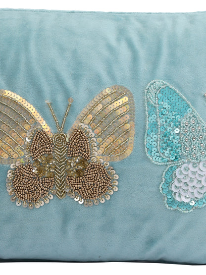 Eyda Set of 2 Velvet Turquoise Emroidered Cushion Cover 12x20 inch