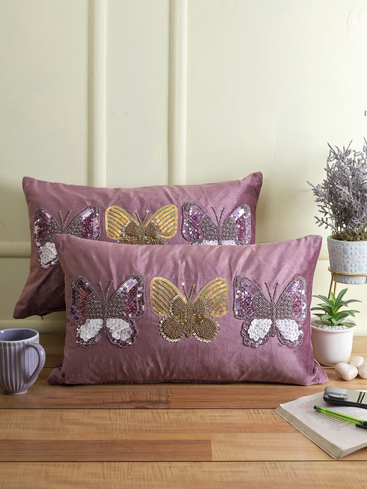 Eyda Set of 2 Velvet Purple Emroidered Cushion Cover 12x20 inch